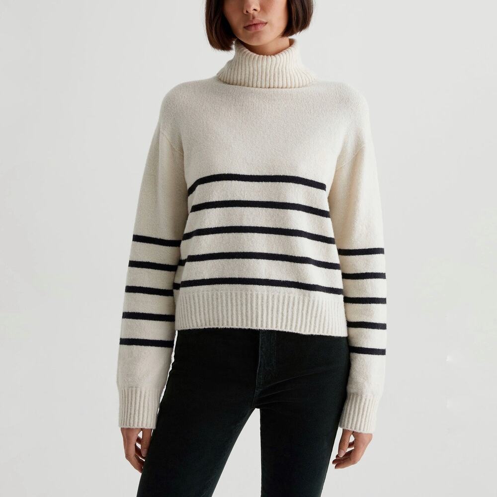 AG Adriano Goldschmeid Bellona Relaxed Turtleneck Sweater Ivory Black Stripe
